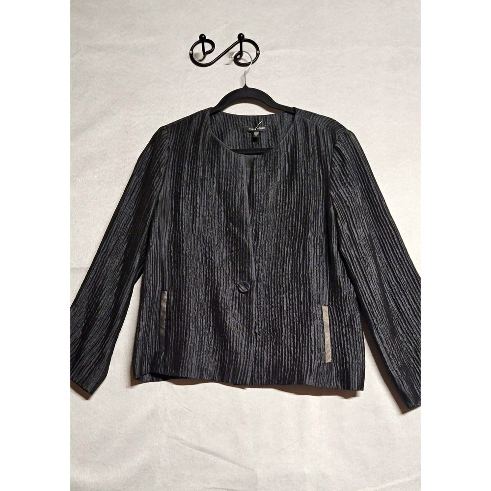 Eileen Fisher Black Textured Button Front Jacket w/ Pockets Short Size M